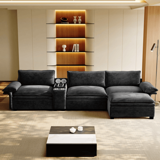 Sofá modular de 4 lugares em forma de L com 315 cm - sofá Cloud em chenille com arrumação, otomana, carregamento sem fios, altifalante, luzes e 2 porta-copos - preto