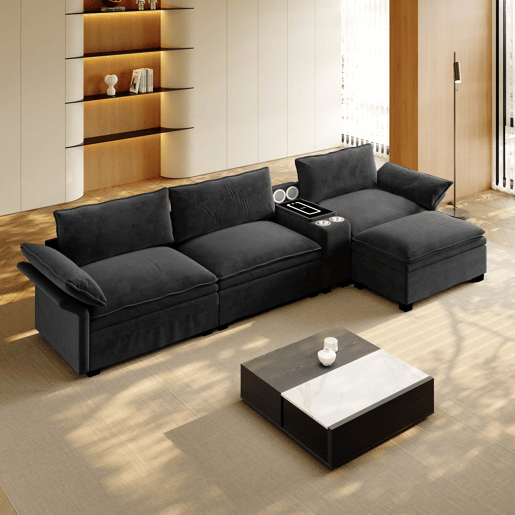 Sofá modular de 4 lugares em forma de L com 315 cm - sofá Cloud em chenille com arrumação, otomana, carregamento sem fios, altifalante, luzes e 2 porta-copos - preto