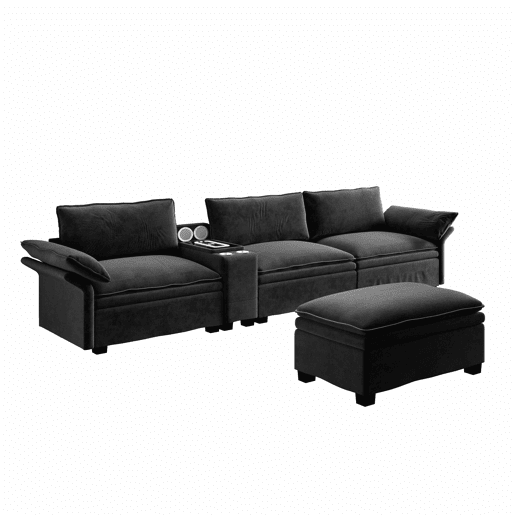 Sofá modular de 4 lugares em forma de L com 315 cm - sofá Cloud em chenille com arrumação, otomana, carregamento sem fios, altifalante, luzes e 2 porta-copos - preto