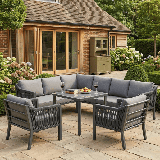 Conjunto de jantar de jardim para 8 pessoas - disposição em canto, ferro galvanizado, mesa com tampo de vidro, conjunto de corda trançada à mão, inclui mesa de jantar, duas poltronas e sofá de canto - Cinza