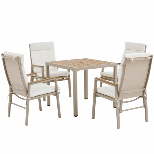 Conjunto de jantar de jardim para 4 pessoas - 1 mesa e 4 cadeiras, ferro galvanizado, tampo em madeira plástica - Caqui e Bege