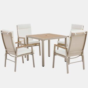 Conjunto de jantar de jardim para 4 pessoas - 1 mesa e 4 cadeiras, ferro galvanizado, tampo em madeira plástica - Caqui e Bege