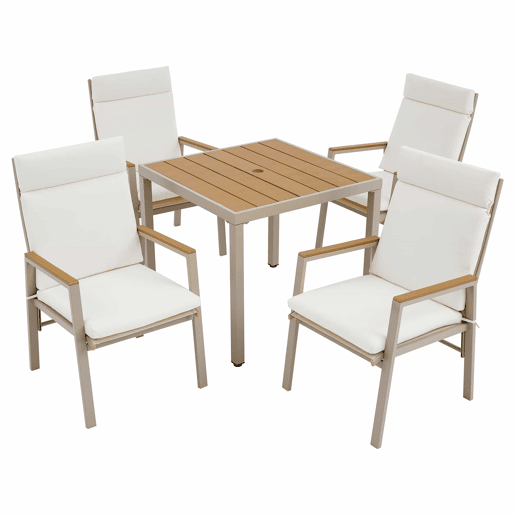 Conjunto de jantar de jardim para 4 pessoas - 1 mesa e 4 cadeiras, ferro galvanizado, tampo em madeira plástica - Caqui e Bege