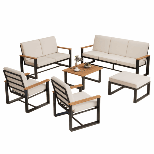 Conjunto de mobiliário de jardim para 7 pessoas - Sofás 3+2+1+1, mesa e apoio para os pés, madeira de acácia e aço galvanizado, design simples - bege