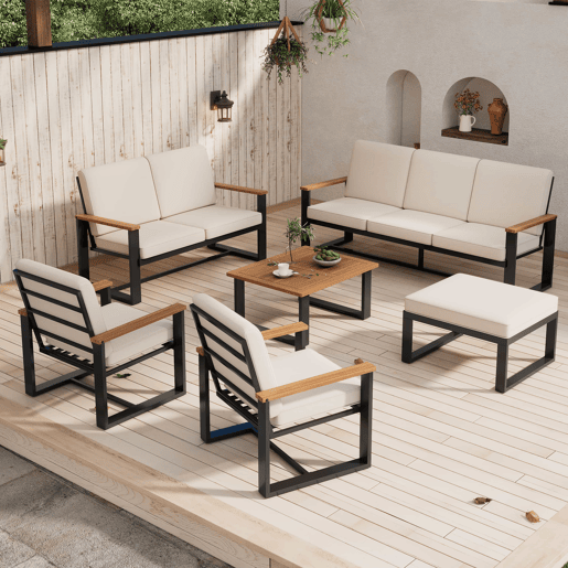Conjunto de mobiliário de jardim para 7 pessoas - Sofás 3+2+1+1, mesa e apoio para os pés, madeira de acácia e aço galvanizado, design simples - bege