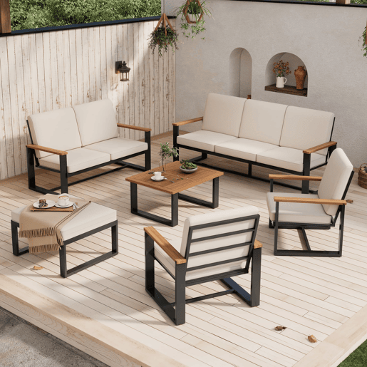 Conjunto de mobiliário de jardim para 7 pessoas - Sofás 3+2+1+1, mesa e apoio para os pés, madeira de acácia e aço galvanizado, design simples - bege
