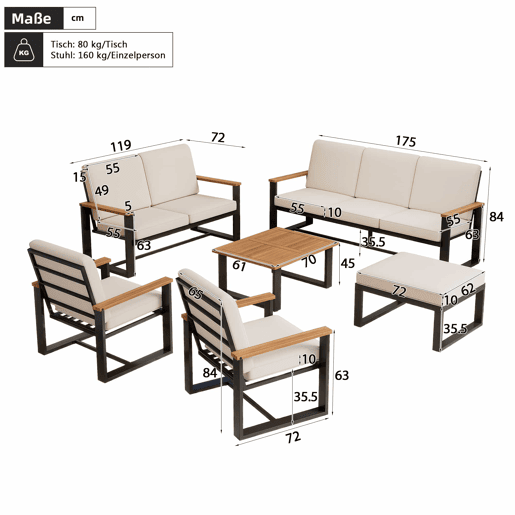 Conjunto de mobiliário de jardim para 7 pessoas - Sofás 3+2+1+1, mesa e apoio para os pés, madeira de acácia e aço galvanizado, design simples - bege