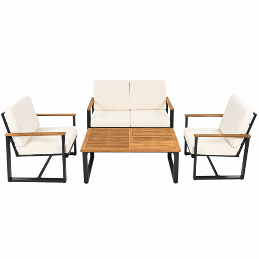 Conjunto de mobiliário de jardim para 7 pessoas - Sofás 3+2+1+1, mesa e apoio para os pés, madeira de acácia e aço galvanizado, design simples - bege