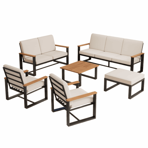 Conjunto de mobiliário de jardim para 7 pessoas - Sofás 3+2+1+1, mesa e apoio para os pés, madeira de acácia e aço galvanizado, design simples - bege