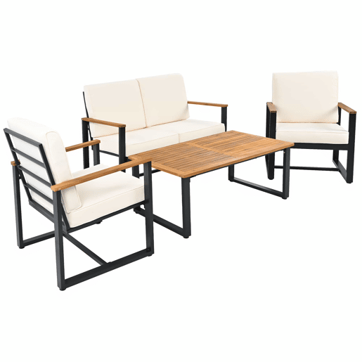 Conjunto de mobiliário de jardim para 7 pessoas - Sofás 3+2+1+1, mesa e apoio para os pés, madeira de acácia e aço galvanizado, design simples - bege