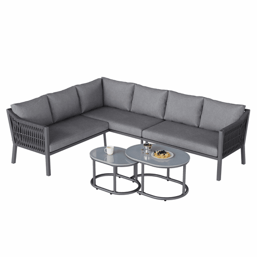 Conjunto de jantar de jardim para 6 pessoas - disposição em canto, ferro galvanizado, tampo de mesa em vidro, corda trançada à mão, inclui sofá e duas mesas de centro - cinzento