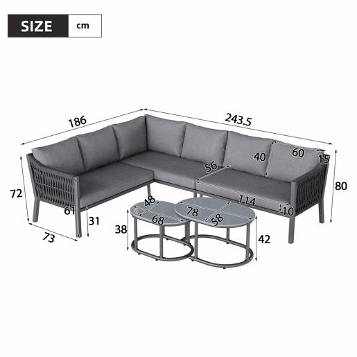 Conjunto de jantar de jardim para 6 pessoas - disposição em canto, ferro galvanizado, tampo de mesa em vidro, corda trançada à mão, inclui sofá e duas mesas de centro - cinzento
