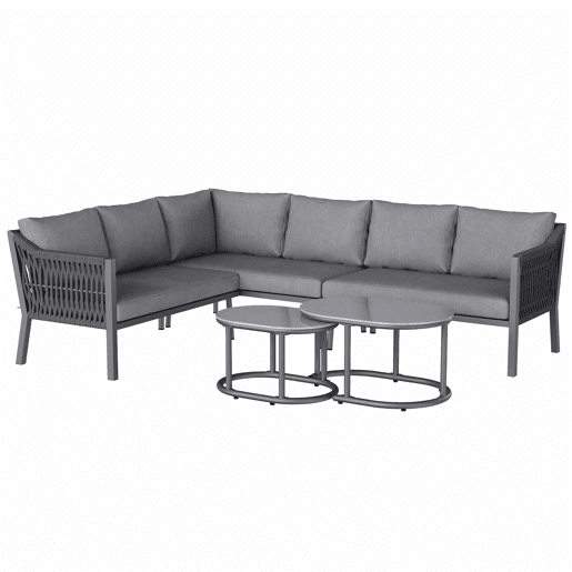 Conjunto de jantar de jardim para 6 pessoas - disposição em canto, ferro galvanizado, tampo de mesa em vidro, corda trançada à mão, inclui sofá e duas mesas de centro - cinzento