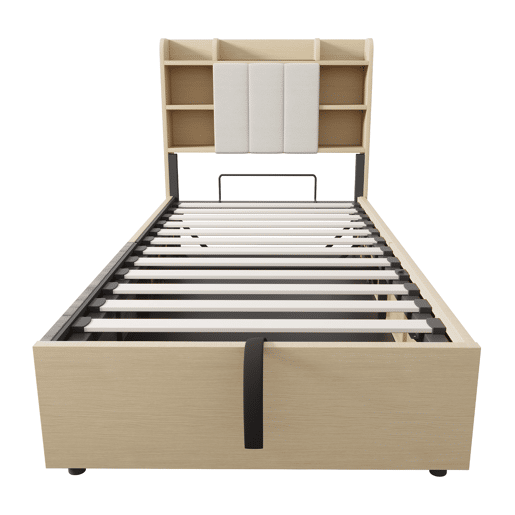 Cama de madeira 90x200 cm - Cama hidráulica, com cabeceira e arrumação, portas USB e tomada tipo C - Madeira natural
