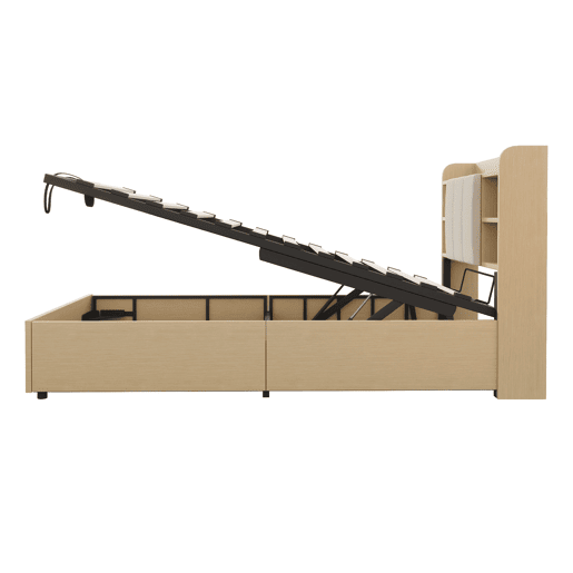 Cama de madeira 90x200 cm - Cama hidráulica, com cabeceira e arrumação, portas USB e tomada tipo C - Madeira natural