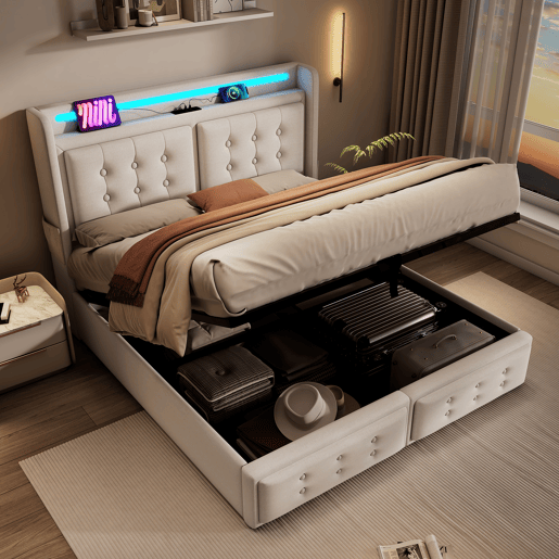 Cama de arrumação em tecido de linho 140x200 cm - com LED e portas de carregamento - Bege