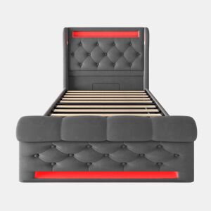 Cama individual 90x200cm - Cama estofada com luzes LED, cabeceira com arrumação e portas USB e Type-C, cama hidráulica, cinzento, veludo