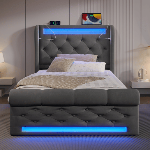 Cama individual 90x200cm - Cama estofada com luzes LED, cabeceira com arrumação e portas USB e Type-C, cama hidráulica, cinzento, veludo