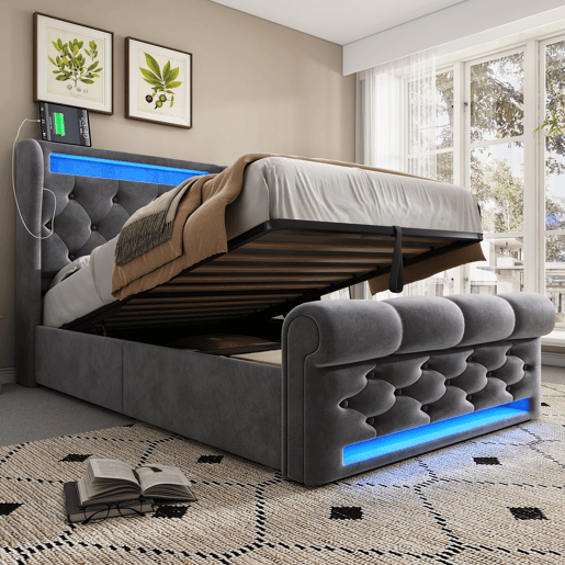 Cama individual 90x200cm - Cama estofada com luzes LED, cabeceira com arrumação e portas USB e Type-C, cama hidráulica, cinzento, veludo