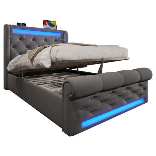 Cama individual 90x200cm - Cama estofada com luzes LED, cabeceira com arrumação e portas USB e Type-C, cama hidráulica, cinzento, veludo