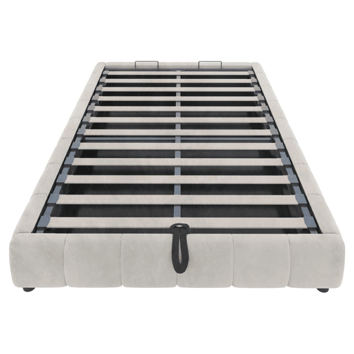 Cama individual 140x200 cm - Sem cabeceira, com faixa LED (monocromática), estrutura flutuante hidráulica com arrumação - Bege