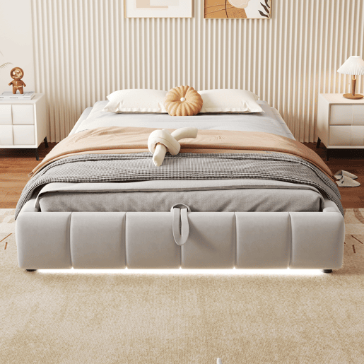 Cama individual 140x200 cm - Sem cabeceira, com faixa LED (monocromática), estrutura flutuante hidráulica com arrumação - Bege