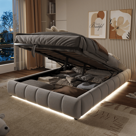 Cama individual 140x200 cm - Sem cabeceira, com faixa LED (monocromática), estrutura flutuante hidráulica com arrumação - Bege