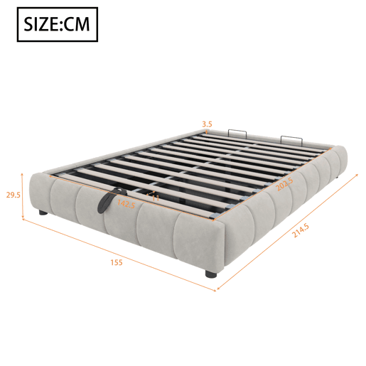 Cama individual 140x200 cm - Sem cabeceira, com faixa LED (monocromática), estrutura flutuante hidráulica com arrumação - Bege