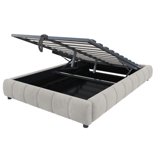 Cama individual 140x200 cm - Sem cabeceira, com faixa LED (monocromática), estrutura flutuante hidráulica com arrumação - Bege