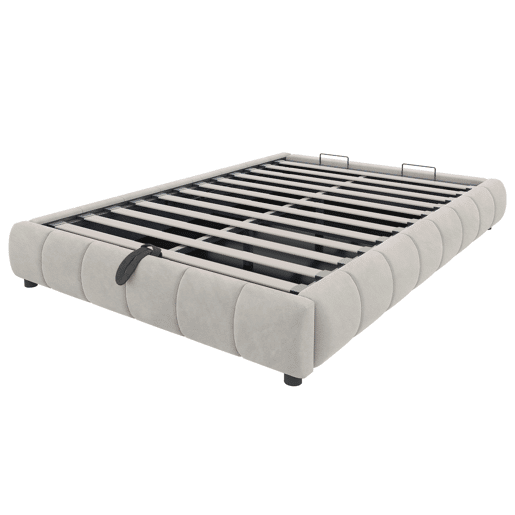Cama individual 140x200 cm - Sem cabeceira, com faixa LED (monocromática), estrutura flutuante hidráulica com arrumação - Bege