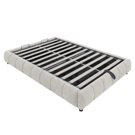 Cama individual 140x200 cm - Sem cabeceira, com faixa LED (monocromática), estrutura flutuante hidráulica com arrumação - Bege