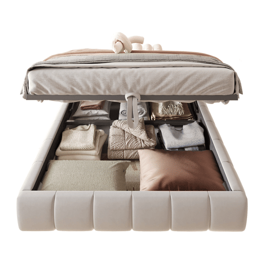 Cama individual 140x200 cm - Sem cabeceira, com faixa LED (monocromática), estrutura flutuante hidráulica com arrumação - Bege