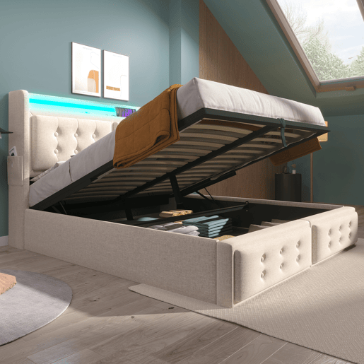 Cama de casal estofada 140x200 - Cabeceira LED, carregamento USB C, armazenamento hidráulico - Bege