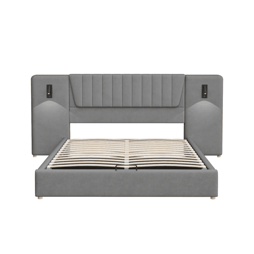 Cama estofada 180x200 cm - Encosto extra longo, candeeiro de leitura ajustável, porta USB, cama com arrumação hidráulica, dupla, veludo - Cinza