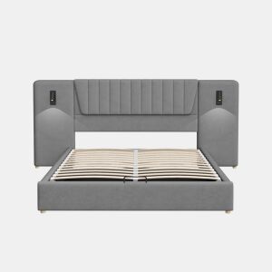 Cama estofada 180x200 cm - Encosto extra longo, candeeiro de leitura ajustável, porta USB, cama com arrumação hidráulica, dupla, veludo - Cinza