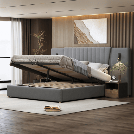 Cama estofada 180x200 cm - Encosto extra longo, candeeiro de leitura ajustável, porta USB, cama com arrumação hidráulica, dupla, veludo - Cinza