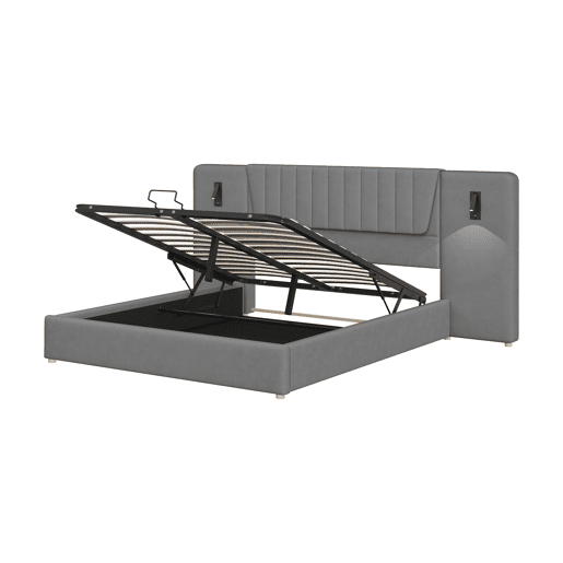 Cama estofada 180x200 cm - Encosto extra longo, candeeiro de leitura ajustável, porta USB, cama com arrumação hidráulica, dupla, veludo - Cinza