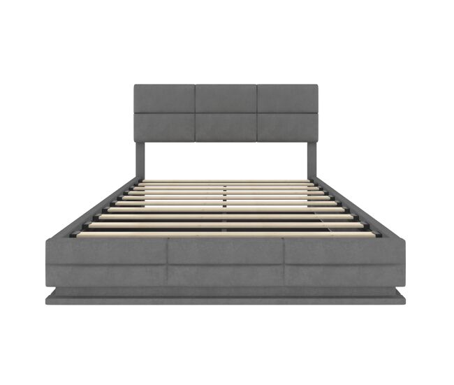 Cama tapizada 140x200 cm - cabecero ajustable, puertos usb/type-c, iluminación led, sistema hidráulico y almacenamiento xxl - gris