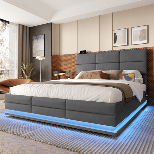 Cama estofada 140x200 cm - Cabeceira ajustável, portas USBType-C, iluminação LED, sistema hidráulico e armazenamento XXL - Cinza