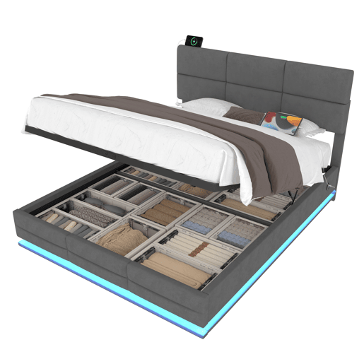 Cama estofada 140x200 cm - Cabeceira ajustável, portas USBType-C, iluminação LED, sistema hidráulico e armazenamento XXL - Cinza