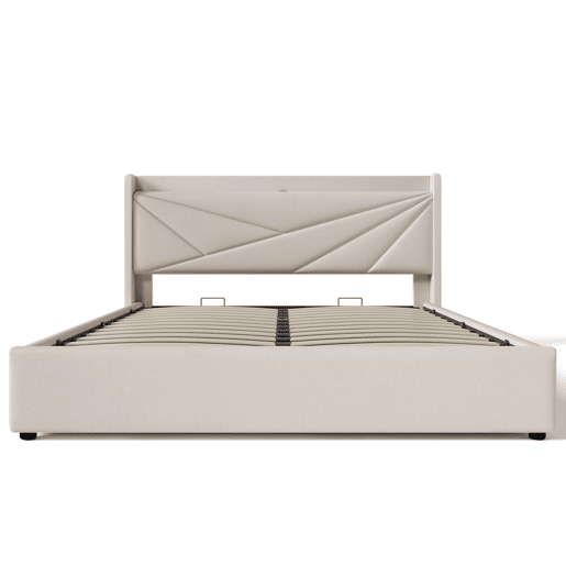 Cama estofada 160x200 - com arrumação, cabeceira e função de carregamento USB Tipo C - Bege