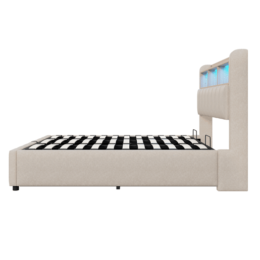 Cama estofada 180*200 cm - Com iluminação LED, tomada USB, cabeceira com prateleiras e arrumação, com sistema hidráulico para arrumação - Bege