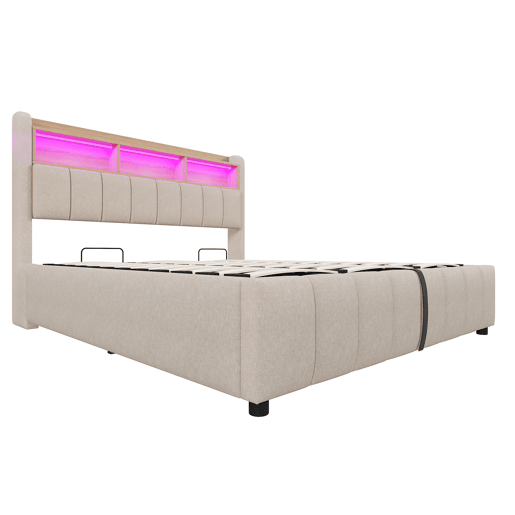 Cama estofada 180*200 cm - Com iluminação LED, tomada USB, cabeceira com prateleiras e arrumação, com sistema hidráulico para arrumação - Bege