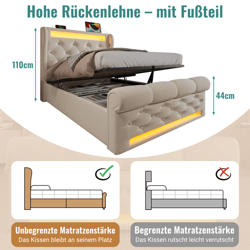 Cama individual 90x200cm - Cama estofada com luzes LED, cabeceira com arrumação e portas USB e Tipo-C, cama hidráulica, bege
