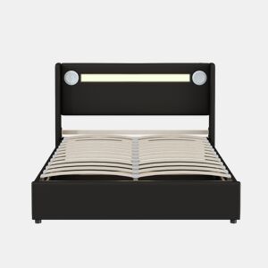 Cama contentora estofada em pele 140x200 cm com LED, leitor Bluetooth e portas de carregamento USB - com estrado - Preto