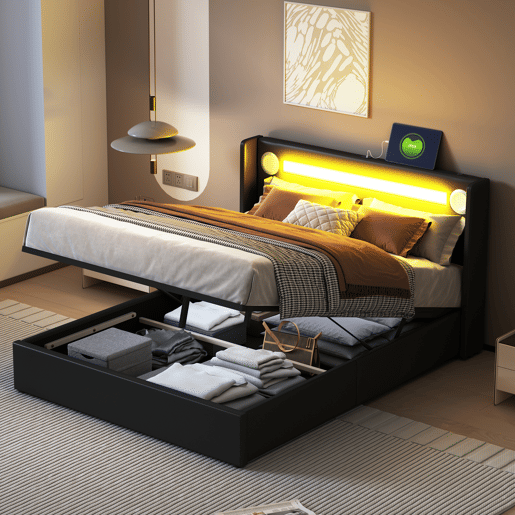 Cama contentora estofada em pele 140x200 cm com LED, leitor Bluetooth e portas de carregamento USB - com estrado - Preto