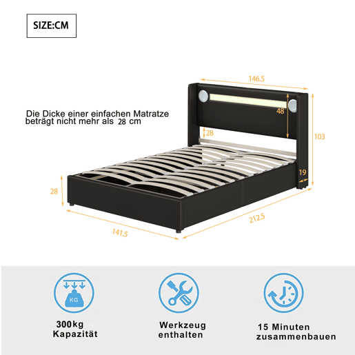 Cama contentora estofada em pele 140x200 cm com LED, leitor Bluetooth e portas de carregamento USB - com estrado - Preto