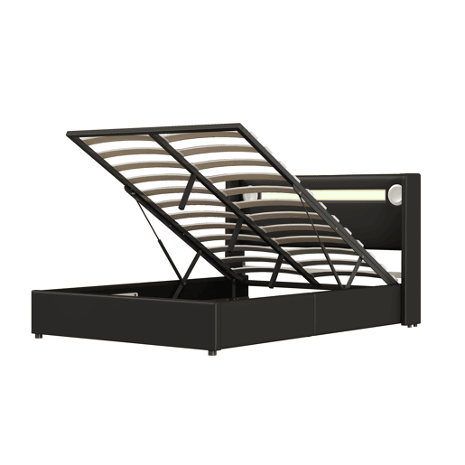 Cama contentora estofada em pele 140x200 cm com LED, leitor Bluetooth e portas de carregamento USB - com estrado - Preto