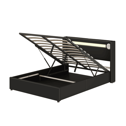 Cama contentora estofada em pele 140x200 cm com LED, leitor Bluetooth e portas de carregamento USB - com estrado - Preto