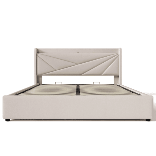 Cama contentora em tecido de linho 160x200 cm - com porta USB e estrado - Bege